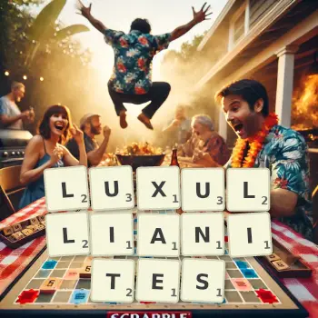 Creative illustration for a Scrabble game with the word LUXULLIANITES spelled out in tiles on the board.