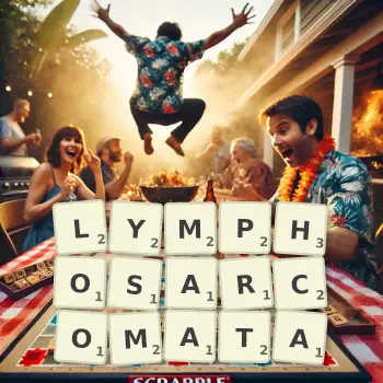 Creative illustration for a Scrabble game with the word LYMPHOSARCOMATA spelled out in tiles on the board.