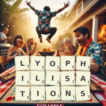 Creative illustration for a Scrabble game with the word LYOPHILISATIONS spelled out in tiles on the board.