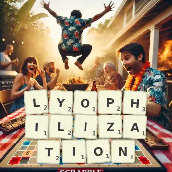 Creative illustration for a Scrabble game with the word LYOPHILIZATION spelled out in tiles on the board.