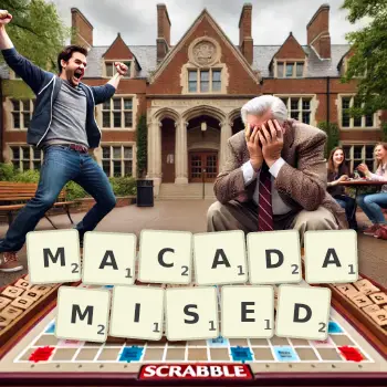 Creative illustration for a Scrabble game with the word MACADAMISED spelled out in tiles on the board.