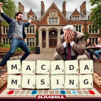 Creative illustration for a Scrabble game with the word MACADAMISING spelled out in tiles on the board.