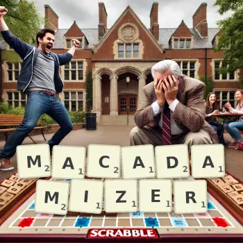 Creative illustration for a Scrabble game with the word MACADAMIZER spelled out in tiles on the board.