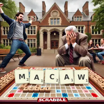 Creative illustration for a Scrabble game with the word MACAW spelled out in tiles on the board.