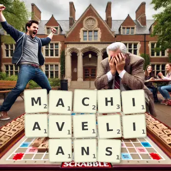 Creative illustration for a Scrabble game with the word MACHIAVELIANS spelled out in tiles on the board.