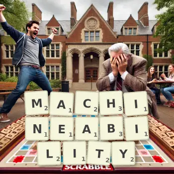 Creative illustration for a Scrabble game with the word MACHINEABILITY spelled out in tiles on the board.