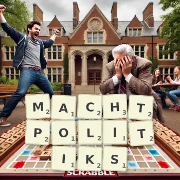 Creative illustration for a Scrabble game with the word MACHTPOLITIKS spelled out in tiles on the board.