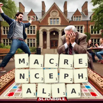 Creative illustration for a Scrabble game with the word MACRENCEPHALIA spelled out in tiles on the board.