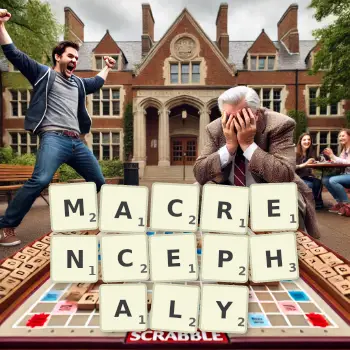 Creative illustration for a Scrabble game with the word MACRENCEPHALY spelled out in tiles on the board.