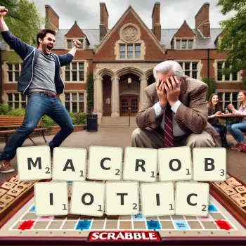 Creative illustration for a Scrabble game with the word MACROBIOTIC spelled out in tiles on the board.