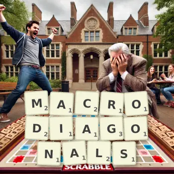 Creative illustration for a Scrabble game with the word MACRODIAGONALS spelled out in tiles on the board.