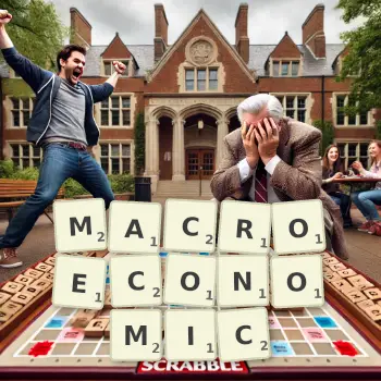Creative illustration for a Scrabble game with the word MACROECONOMIC spelled out in tiles on the board.