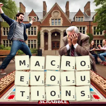 Creative illustration for a Scrabble game with the word MACROEVOLUTIONS spelled out in tiles on the board.