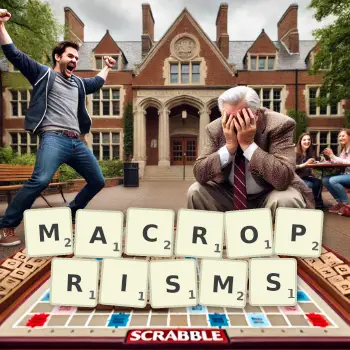 Creative illustration for a Scrabble game with the word MACROPRISMS spelled out in tiles on the board.