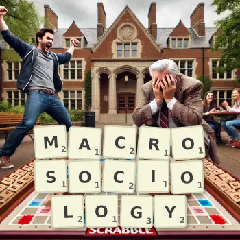 Creative illustration for a Scrabble game with the word MACROSOCIOLOGY spelled out in tiles on the board.
