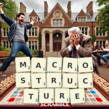 Creative illustration for a Scrabble game with the word MACROSTRUCTURE spelled out in tiles on the board.