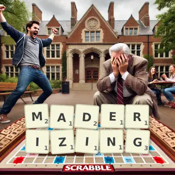 Creative illustration for a Scrabble game with the word MADERIZING spelled out in tiles on the board.