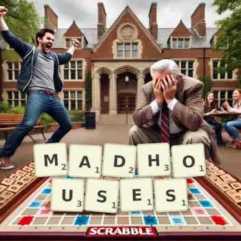 Creative illustration for a Scrabble game with the word MADHOUSES spelled out in tiles on the board.