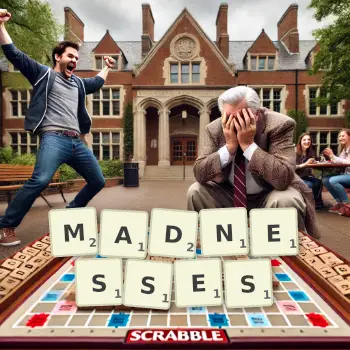 Creative illustration for a Scrabble game with the word MADNESSES spelled out in tiles on the board.