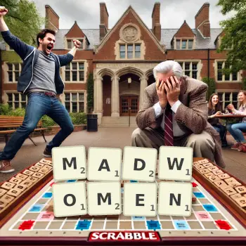Creative illustration for a Scrabble game with the word MADWOMEN spelled out in tiles on the board.