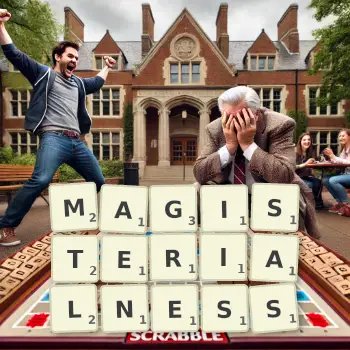 Creative illustration for a Scrabble game with the word MAGISTERIALNESS spelled out in tiles on the board.