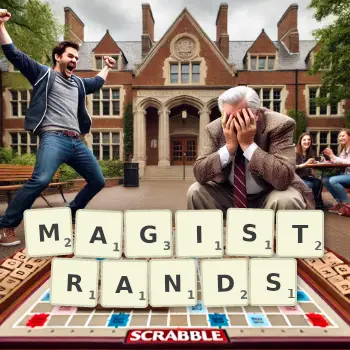 Creative illustration for a Scrabble game with the word MAGISTRANDS spelled out in tiles on the board.