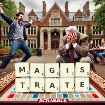Creative illustration for a Scrabble game with the word MAGISTRATE spelled out in tiles on the board.