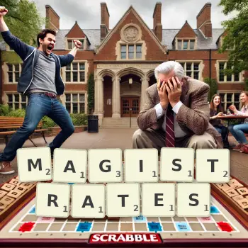 Creative illustration for a Scrabble game with the word MAGISTRATES spelled out in tiles on the board.