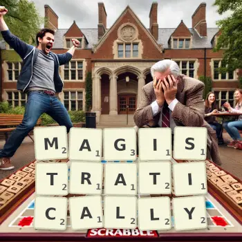 Creative illustration for a Scrabble game with the word MAGISTRATICALLY spelled out in tiles on the board.