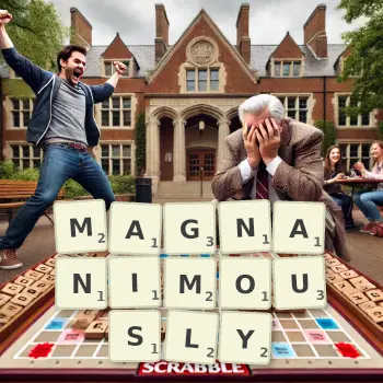 Creative illustration for a Scrabble game with the word MAGNANIMOUSLY spelled out in tiles on the board.