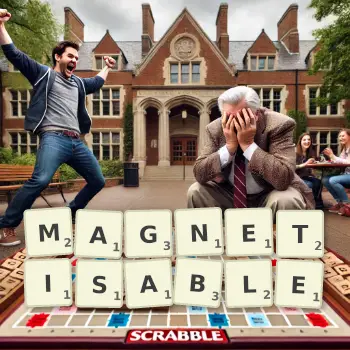 Creative illustration for a Scrabble game with the word MAGNETISABLE spelled out in tiles on the board.