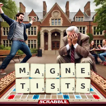 Creative illustration for a Scrabble game with the word MAGNETISTS spelled out in tiles on the board.