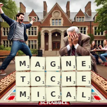 Creative illustration for a Scrabble game with the word MAGNETOCHEMICAL spelled out in tiles on the board.