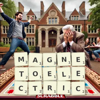 Creative illustration for a Scrabble game with the word MAGNETOELECTRIC spelled out in tiles on the board.