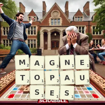 Creative illustration for a Scrabble game with the word MAGNETOPAUSES spelled out in tiles on the board.