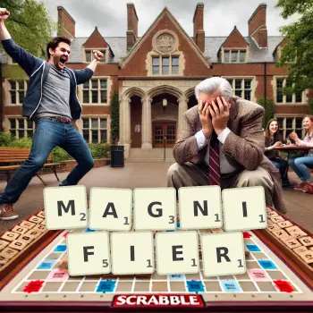 Creative illustration for a Scrabble game with the word MAGNIFIER spelled out in tiles on the board.