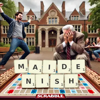 Creative illustration for a Scrabble game with the word MAIDENISH spelled out in tiles on the board.