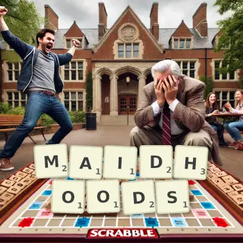 Creative illustration for a Scrabble game with the word MAIDHOODS spelled out in tiles on the board.