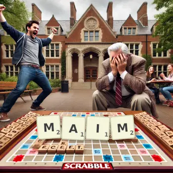 Creative illustration for a Scrabble game with the word MAIM spelled out in tiles on the board.
