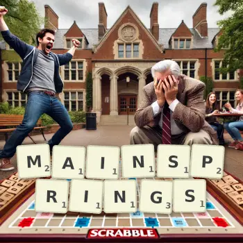 Creative illustration for a Scrabble game with the word MAINSPRINGS spelled out in tiles on the board.