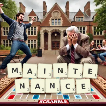 Creative illustration for a Scrabble game with the word MAINTENANCE spelled out in tiles on the board.