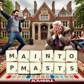 Creative illustration for a Scrabble game with the word MAINTOPMASTS spelled out in tiles on the board.