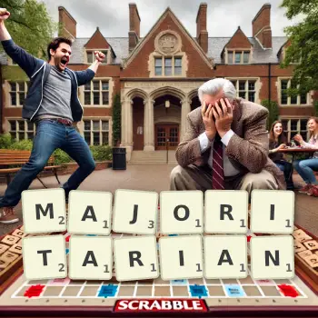 Creative illustration for a Scrabble game with the word MAJORITARIAN spelled out in tiles on the board.