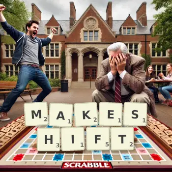 Creative illustration for a Scrabble game with the word MAKESHIFT spelled out in tiles on the board.