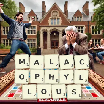 Creative illustration for a Scrabble game with the word MALACOPHYLLOUS spelled out in tiles on the board.