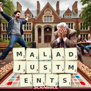 Creative illustration for a Scrabble game with the word MALADJUSTMENTS spelled out in tiles on the board.