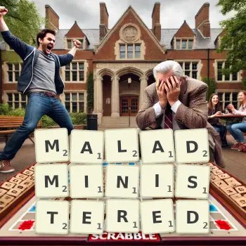 Creative illustration for a Scrabble game with the word MALADMINISTERED spelled out in tiles on the board.