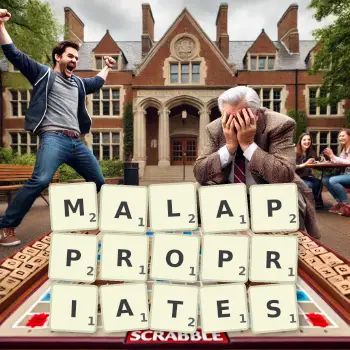 Creative illustration for a Scrabble game with the word MALAPPROPRIATES spelled out in tiles on the board.