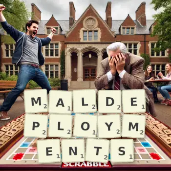 Creative illustration for a Scrabble game with the word MALDEPLOYMENTS spelled out in tiles on the board.