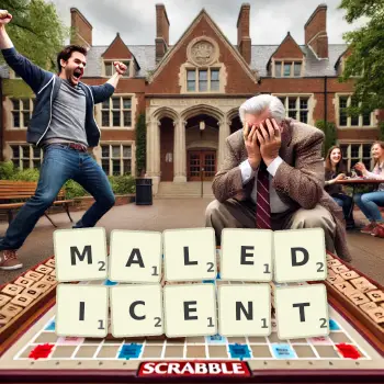 Creative illustration for a Scrabble game with the word MALEDICENT spelled out in tiles on the board.